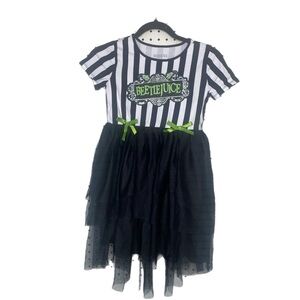 WBIE Beetle Juice Girls Costume Dress Black & White& Green Bows Size L NWOT